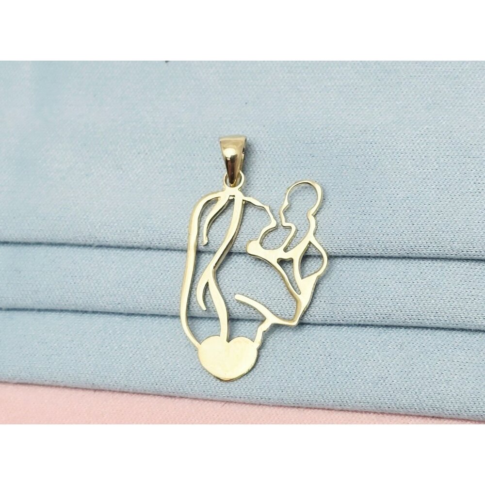Unique 14K Karat Solid Yellow Gold Designer Mother & Baby Heart Charm Pendant